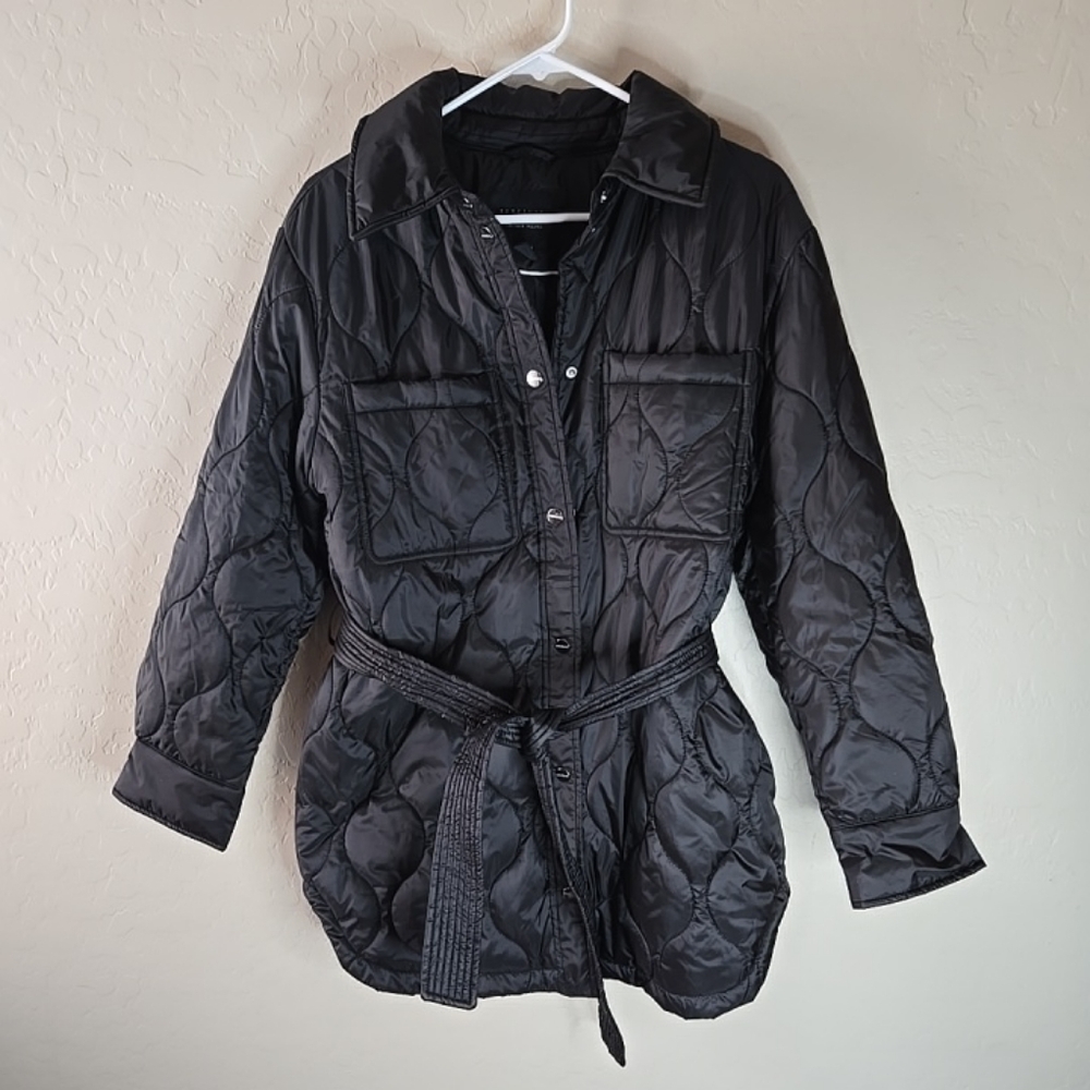 Sanctuary Black Quilted Belted Jacket Packable Lightweight Pockets S